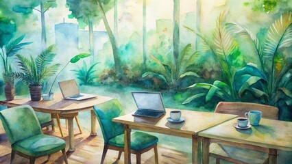 Cozy cafe atmosphere with laptops, notebooks, and empty cups scattered on a wooden table, surrounded by comfortable chairs and vibrant green plants.
