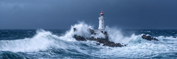 lighthouse on a rocky outcropping in the ocean, with crashing waves.