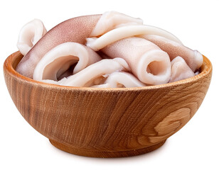 squid in wooden bowl isolated on white background