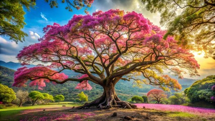 Majestic Tree Canopy, Golden Sunset, Vibrant Hues, Blooming Flowers, Landscape, nature, forest