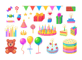 Pixel art set of presents on holidays events. Pixelated cakes, gift boxes, candies and other icons, 8 bit retro style vector illustration