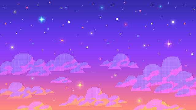 Starry sky at sunset background in pixel art style. Space, galaxy, cosmos, universe fantasy view background for computer game. 8 bit retro style vector illustration