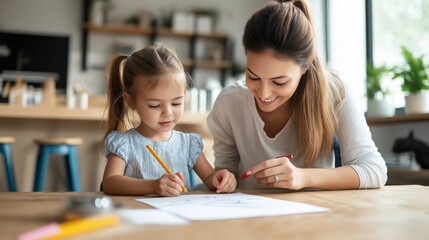 Fototapeta premium Mother and daughter bonding while drawing together at a cozy home. Engaging in creative and educational activities, creating memories.