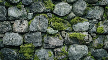 Obraz premium Stone wall with a pattern of moss growth, displaying a natural interplay of green and gray tones, highlighting the textural contrasts and weathering effects