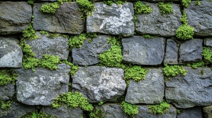 Obraz premium Textured stone wall surface with an intricate pattern of moss, highlighting the green growth against a backdrop of weathered stones and natural texture