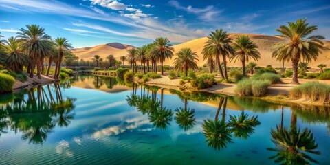 Fototapeta premium Oasis Reflection Palm Trees in Desert Lagoon, Landscape Photography, Water Reflection, Desert Oasis, Palm Trees