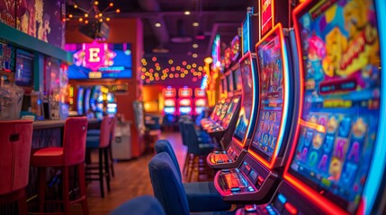 Fototapeta premium A vibrant casino floor featuring slot machines, neon lights, and colorful decor, creating an electrifying atmosphere.