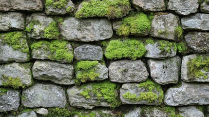 Obraz premium Ancient stone wall covered in a pattern of moss, with varied stone sizes and natural textures, highlighting a timeworn and earthy appearance