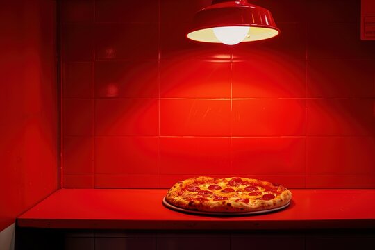 Single pepperoni pizza illuminated by a red light in a minimalist setting
