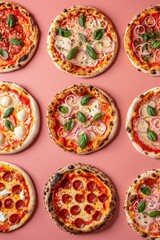 Assortment of gourmet pizzas with various toppings on a pink background