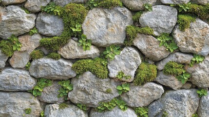 Stone wall surface featuring an intricate pattern of moss interspersed with weathered stones, creating a blend of natural textures and vibrant greens