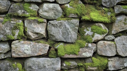 Moss-covered stone wall surface featuring a rich pattern of moss and stones, creating a rugged and textured backdrop with natural imperfections