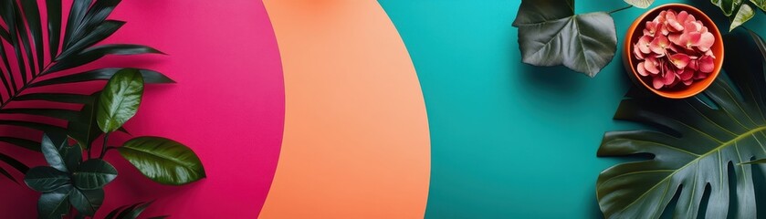 Top view of vibrant tropical fruit bowl with leaves on a colorful background. Perfect for summer themes.