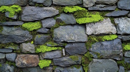 Obraz premium Patterned stone wall with moss growth accentuating the surface texture, showcasing a combination of natural moss and stone elements in a detailed layout
