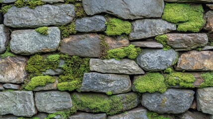 Stone wall with a rich texture of moss growing across the surface, creating a complex pattern of green and gray, reflecting natural wear and age