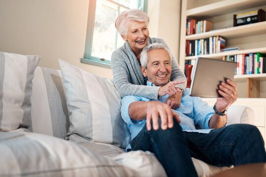 Old couple, tablet and growth on banking app with smile or investment profit results in home. Happy woman, senior man and elderly people reading retirement savings, insurance policy or news update