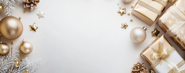 Elegant Christmas background with golden decorations, gift boxes, ornaments, and festive elements on a white backdrop. Holiday celebration concept.