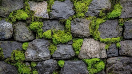 Moss-covered stone wall with an intricate pattern of natural textures, combining vibrant green moss with aged stone, creating a richly detailed background