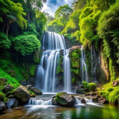 Obraz premium Serene Waterfall Cascading Through Lush Greenery, Long Exposure Photography, Tranquil Nature, Waterfall, Forest, Green, Nature