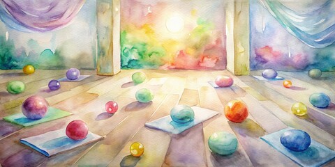 Colorful yoga mats and balls surround a serene empty space, hinting at a joyful prenatal yoga class, promoting wellness and community for expectant mothers.