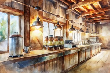 Fototapeta premium Attractive rustic wooden coffee shop interior with sleek espresso machine and rows of mason jars, highlighting the owner's passion for artisanal coffee creations.