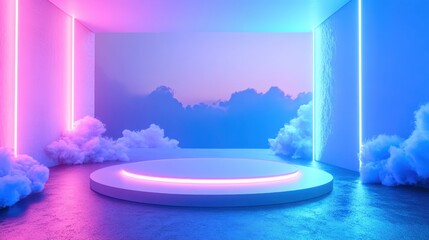 Futuristic pastel-colored room with neon lights and fluffy clouds, perfect for abstract or modern creative projects.