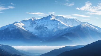 Obraz premium Majestic snow-covered mountain range with blue sky and clouds, creating a serene and breathtaking landscape view.