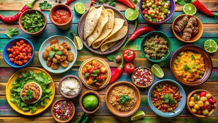 Top View of Colorful Mexican Dishes on Rustic Wooden Table, Mexican Food, Taco Ingredients, Authentic Recipes , Mexican Cuisine