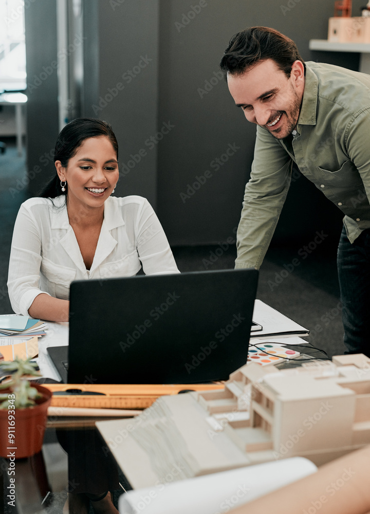 Poster model, laptop and business people in office for architecture, project management and collaboration. 