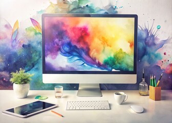 A modern computer workstation with a large screen displaying a vibrant graphic design, surrounded by color swatches, art books, and scattered creative notes.