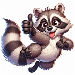 Jolly raccoon jumps up to give a thumbs up. Illustration.