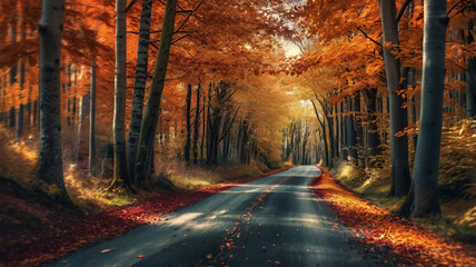 Autumn Forest Road with Swirling Leaves
