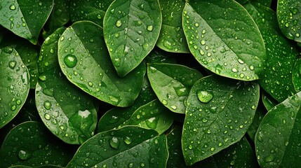 Fototapeta premium A close-up of lush green leaves covered in water droplets, showcasing nature's beauty and freshness, ideal for environmental or botanical themes.