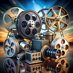 Obraz premium Vintage Film Reels and Cameras, 3D Rendering, Retro Film Equipment, Cinematic Nostalgia, film, camera, vintage