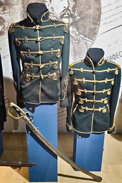 Sofia, Bulgaria, April 24, 2024; Military uniform staff captain and  junior non-commissioned officer Unteroffizier of hussar regiment of kiev and shashka sabre