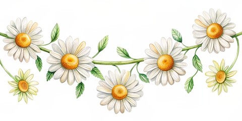 Fototapeta premium Watercolor Daisy Floral Wreath, Watercolor Illustration, Daisies, Spring, Floral Design, White Background, Daisy