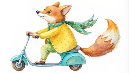 Obraz premium Watercolor Illustration of a Fox Riding a Scooter, watercolor , illustration , fox , scooter
