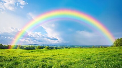 Naklejka premium Vibrant rainbow arches over scenic green field under the blue sky, creating a stunning natural landscape view.