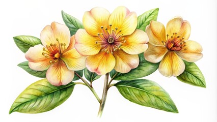 Obraz premium Watercolor Illustration of a Yellow Flower with Green Leaves, Watercolor Flower , Floral Illustration , Botanical Art , Flower Painting