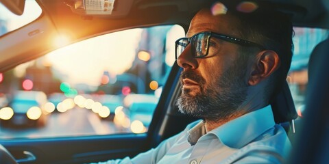 A man in a car with his head down and wearing glasses