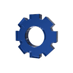 Blue 3D icon of a toothed gear. Material transparent plastic, glass. Symbol of repair, process, optimise, adjust. Cartoon minimal style. 3D render.