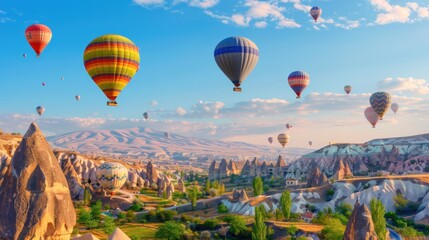 Obraz premium Hot Air Balloons Soaring Over Cappadocia's Rock Formations