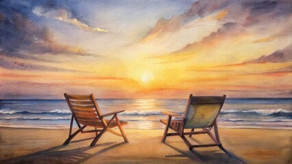 Fototapeta premium Warm glow of setting sun casts long shadows of two empty chairs facing serene ocean view, evoking friendship and tranquility on a peaceful beach evening.
