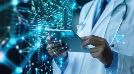 Doctor using tablet with digital network overlay