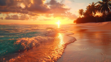 Obraz premium A tranquil beach at dawn, with gentle waves and the first light of the day, capturing a serene moment, Realism, Oil painting, Warm colors, Dreamy lighting