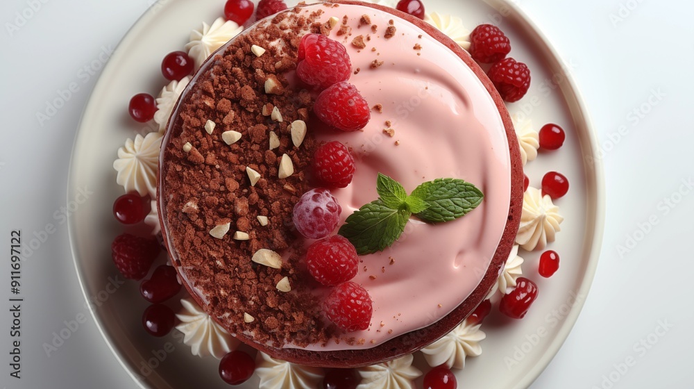 Wall mural detailed view of a fresh red velvet cake, showing delicious textures, front view from above, studio 