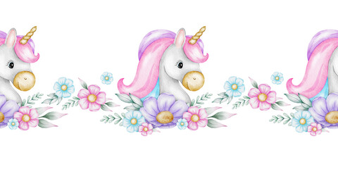 Unicorns, flowers and leaves. Watercolor nursery seamless border. Cute baby background. Design for kid's goods, clothes, textile, postcards, baby shower, wallpaper and children's room
