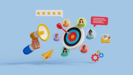 CRM, Customer relationship management concept. Customer target concept. Refining marketing strategies. Customer attraction campaign. 3D illustration