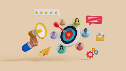 Target audience, targeted marketing strategies, buyer persona, advertising campaign. CRM, Customer relationship management concept. Valued customer feedback. 3D illustration