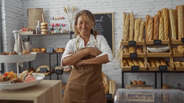 Latin woman working in a bakery shop, surrounded by a variety of breads and pastries, smiling confidently and giving a thumbs up as she stands behind the counter.